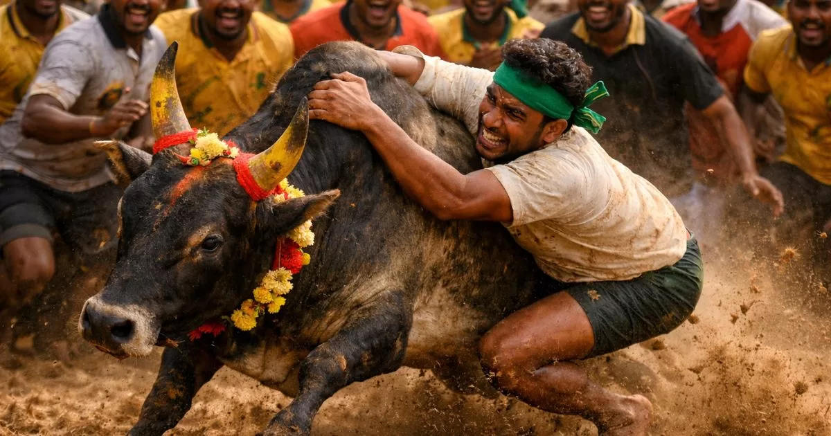 A young man attempting to grab the bull's horns during the Jallikattu festival.
