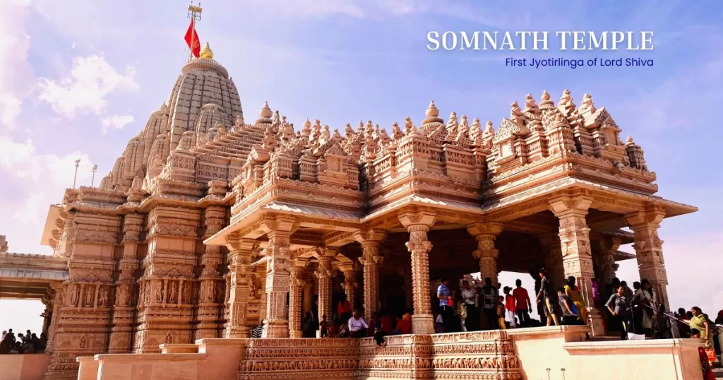 The golden Somnath temple standing on the coast of the Arabian Sea in Gujarat.