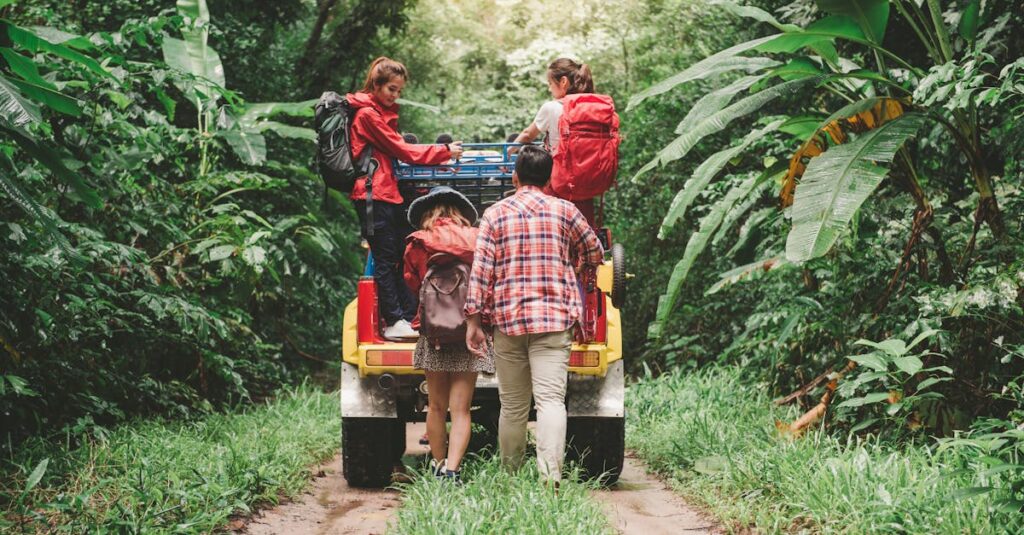 Friends hiking in a tropical forest, riding a jeep with backpacks, enjoying the adventure.